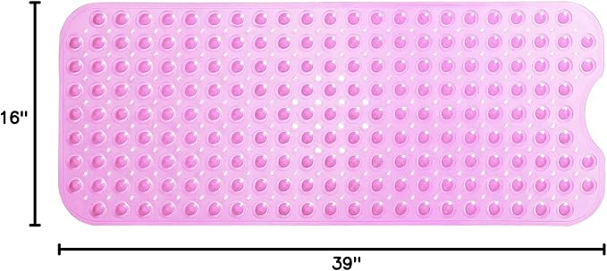 Extra-Long Non-Slip Bathtub & Shower Mat 39”x16” (Smooth/Non-Textured Tubs Only) Safe, Clean, Machine-Washable, Superior Grip&Drainage, Vinyl, Transparent Pink