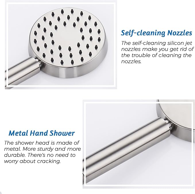 G-Promise Solid Metal Brushed Nickel Handheld Shower Head with Extra Long Stainless Steel Hose & Water Saving On/Off Pause Valve, Modern Style, 1 Setting