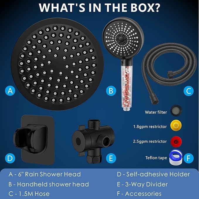 Voolan High Pressure Rain Shower Head with Handheld Spray Combo, Hand Held Filter Showerhead with Self-adhesive Holder and 59" Hose ((Round, Matte Black)