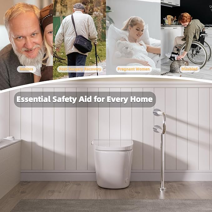 Toilet Grab Bar with Leg, Floor Mounted Knurled Safety Rail, Heavy Duty Chrome Stainless Steel Support Handle, Bathroom Stand Assist, Non-Slip Mobility Aid for Elderly, Disabled, 31 Inch