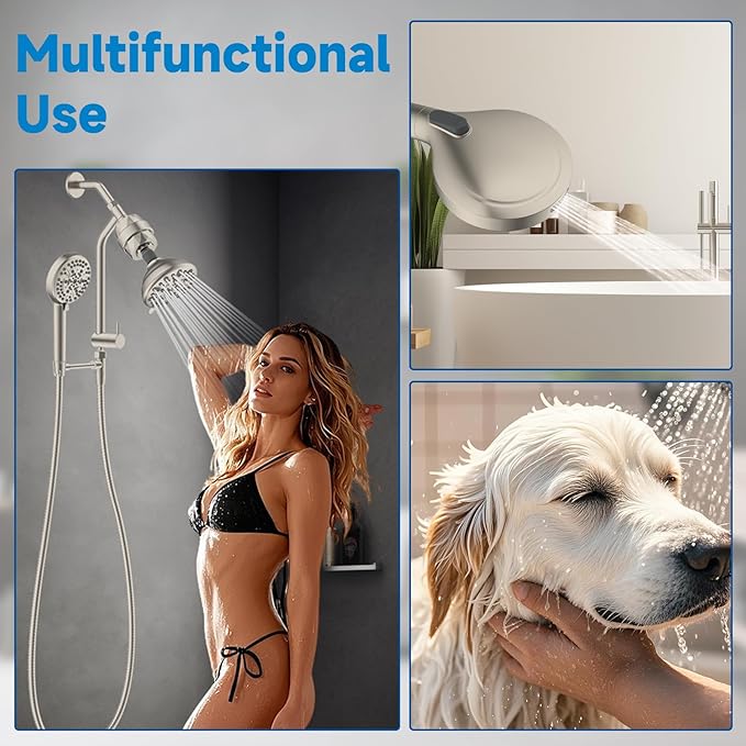 Filtered Shower Heads, All Metal Dual Shower Head Easy Reach Handheld Spary Combo, 3-Way High Pressure 70 Mode Rainfall Showerhead, 71" Hose, Shower Bracket, 20 Stage Shower Filter, Brushed Nickel