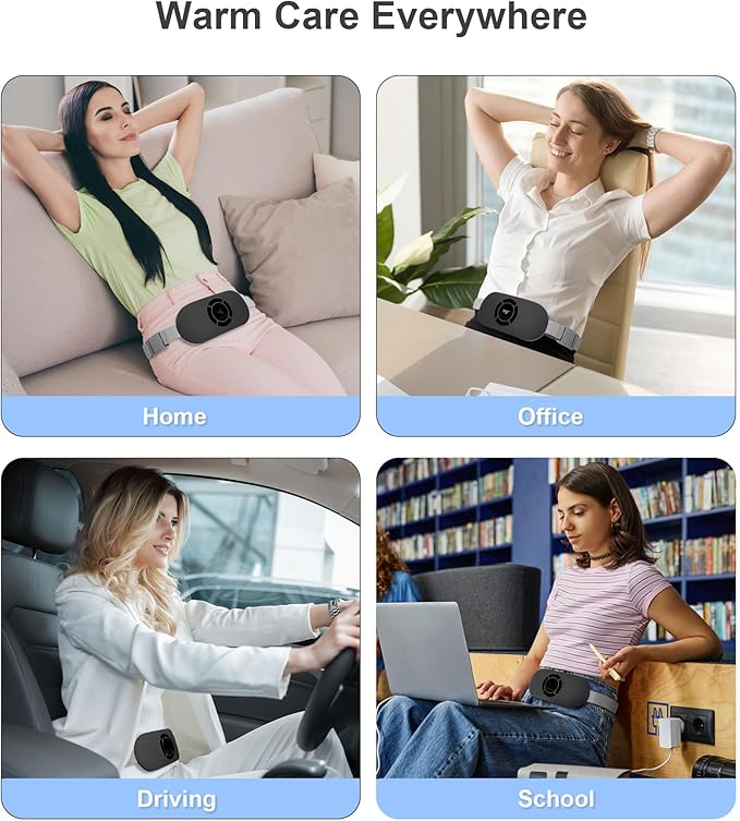 Portable Cordless Heating Pad for Period Cramps, Voice Reminder Menstrual Heating Pad with 6 Heat Levels and 6 Massage Modes, 3s Fast Heating, Gifts for Women Girls, Black