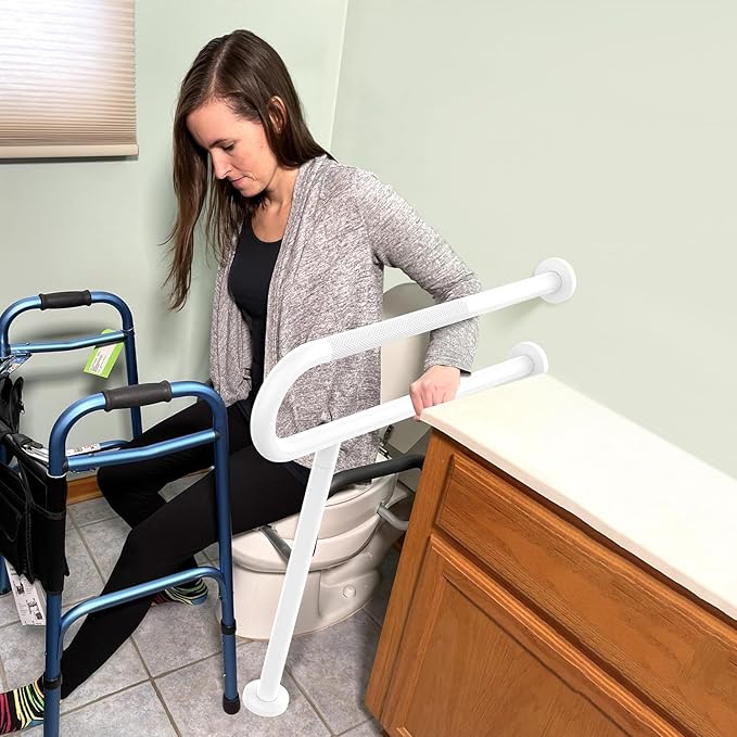 White Toilet Support Rail 31.3X 31.5 Inch, Munzong Anti-Slip Floor to Wall Handicap Grab Bar for Bathroom, Stainless Steel Knurled Safety handrails with Leg for Elderly Disabled Pregnant-1.25’Tube