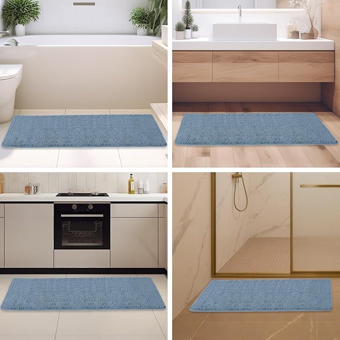 Blue Bathroom Rugs – Absorbent and Washable Bath Mat, Non-Slip, Thick Soft Chenille Bath Rugs for Bathroom Floor, Shower, Sink - 26" x 44"