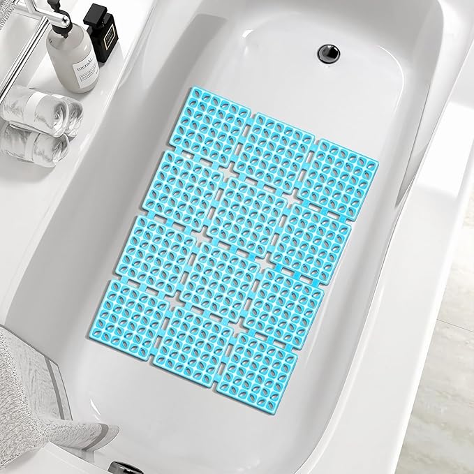Shower Mat Non Slip,24"X24" Bathtub Mat Non Slip Square Shower Mats for Inside Shower with Drain Holes Suction Cups, Quick Drain, TPE Shower Floor Mat for Elderly & Kids (Blue)