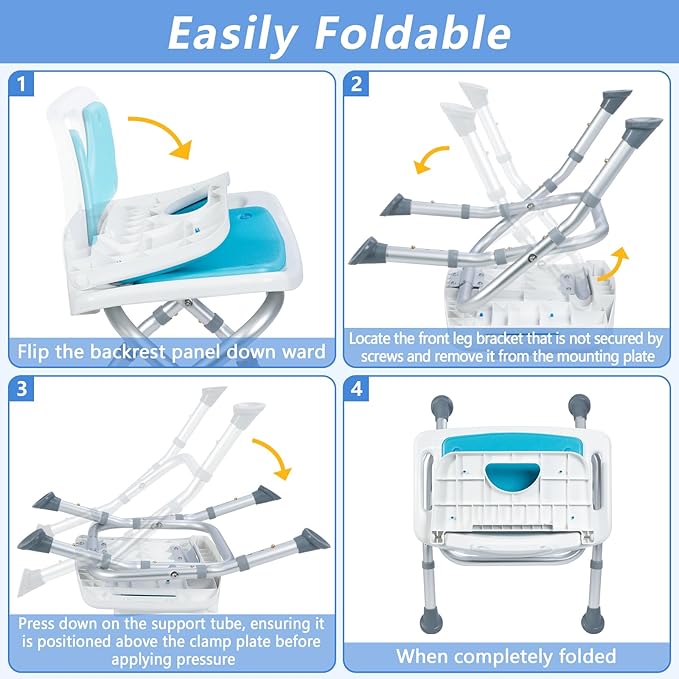 Folding Shower Chair for Inside Shower & tub with Foldable Back, Small Shower Seat for Seniors & Disabled, Portable Stools, Adjustable Height, Support 280 lbs