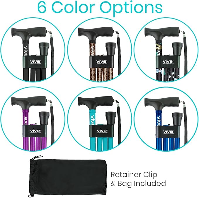 Vive Folding Cane - Foldable Walking Cane for Men, Women - Fold-up, Collapsible, Lightweight, Adjustable, Portable Hand Walking Stick - Balancing Mobility Aid - Sleek, Comfortable (Neon Flower)