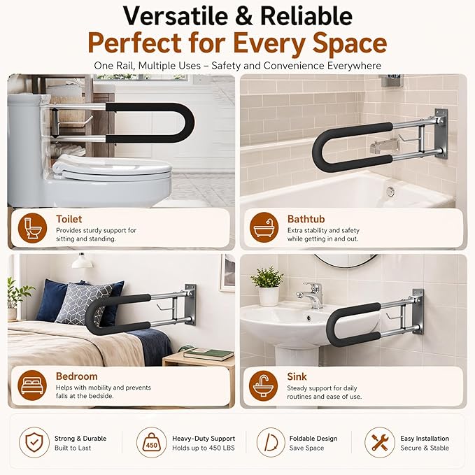 Foldable Toilet Grab Bar, 23.6 Inch Wall Mounted Flip-Up Safety Rail, 2mm Thick Heavy-Duty Rust-Resistant Aluminum Bathroom Support Bar for Elderly, Disabled, Handicap Grab Bars