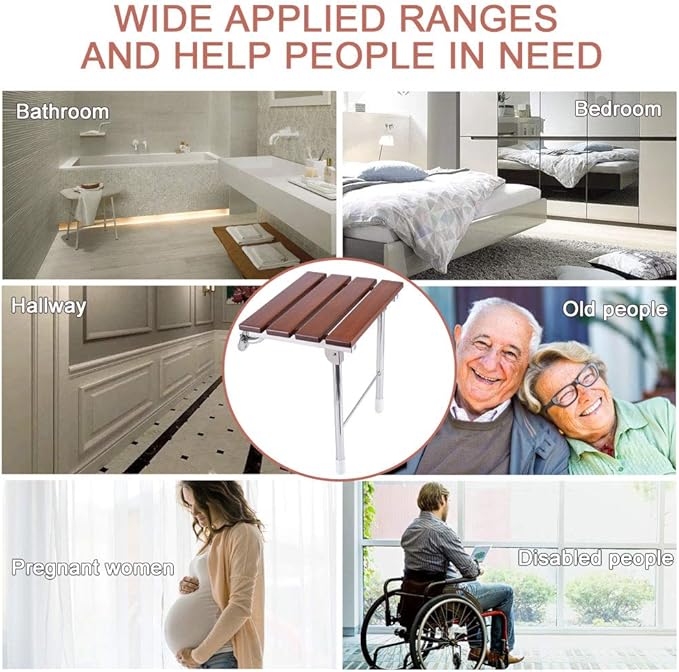 Folding Shower Seat Wall Mounted with Legs, Foldable Shower Chair for Inside Shower, Fold Down Shower Bench for Seniors (Wood, Fixed Height)