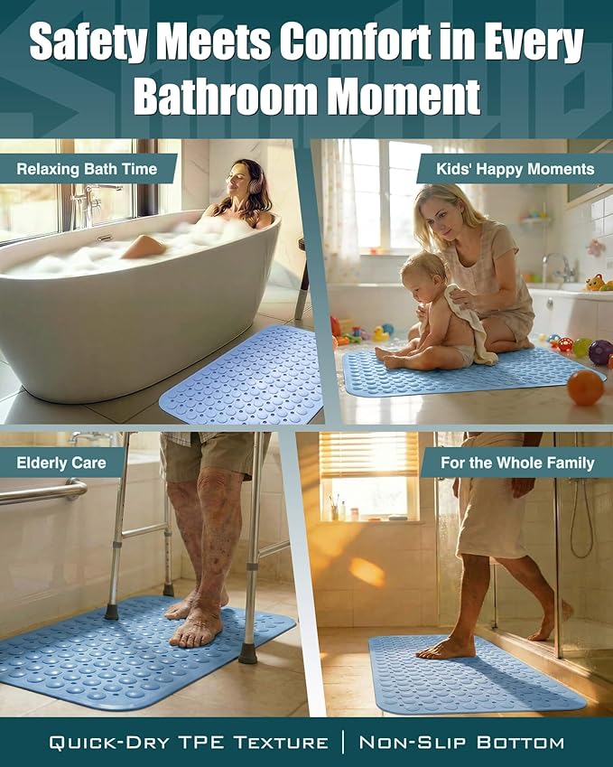 7mm Extra Thick TPE Bath Mat, Non-Slip Shower Mat for Bathroom and Tub, 28x16 Inch with Drainage Holes and Stability Grip, Machine Washable, Seashell Blue