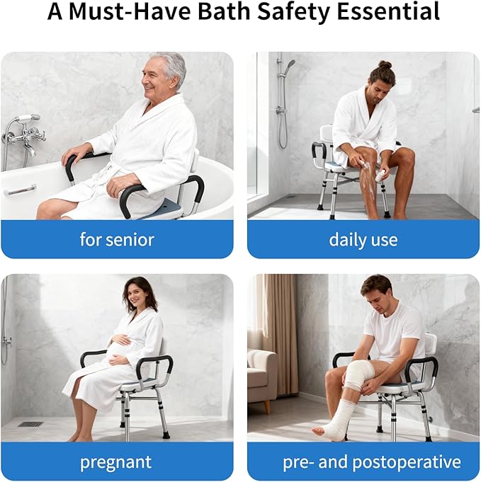 Heavy Duty Shower Chair for Inside Shower and Tub with Reinforced X-Bar, Padded Arms and Backrest, Height Adjustable, Ideal Shower Chair for Elderly and Disabled