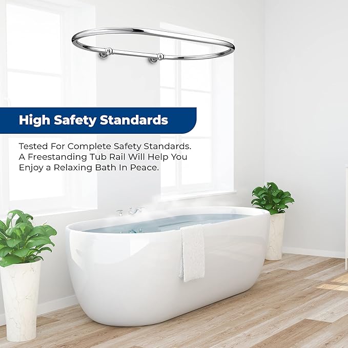 Oval Shower Curtain Rail Rod For Bathroom, Ceiling Mounted for Clawfoot Tub, Large and Heavy Duty Wall Mounted with Adjustable Support - 45 x 25 Inch (Free Curtain Rings) (Chrome)