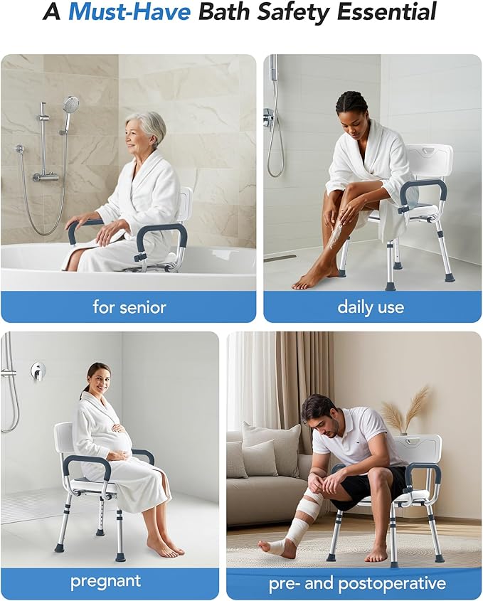 Adjustable Shower Chair for Seniors with Arms and Back, Height Adjustable Bath Seat for Elderly and Disabled, Non-Slip Shower Seat for Inside Shower, HSA/FSA Eligible Bath Chair for Bathtub