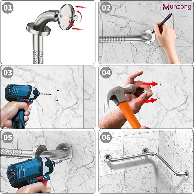 16 Inch Angled Shower Grab Bar, Munzong Anti Slip Satin Brushed Nickel Bathroom Grab Bar, L-Shaped Knurled Balance Bar, Safety Hand Rail Support Handicap Elderly Injury Senior Assist Bath Handle