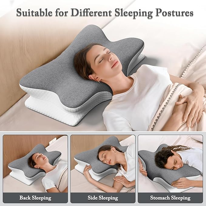 Cervical Pillow for Neck Pain Relief - Ergonomic Memory Foam Pillow with Arm Rest Slot & Cotton Pillowcase, Dual-Height Orthopedic Support Contour Pillow for Side, Back, Stomach Sleepers