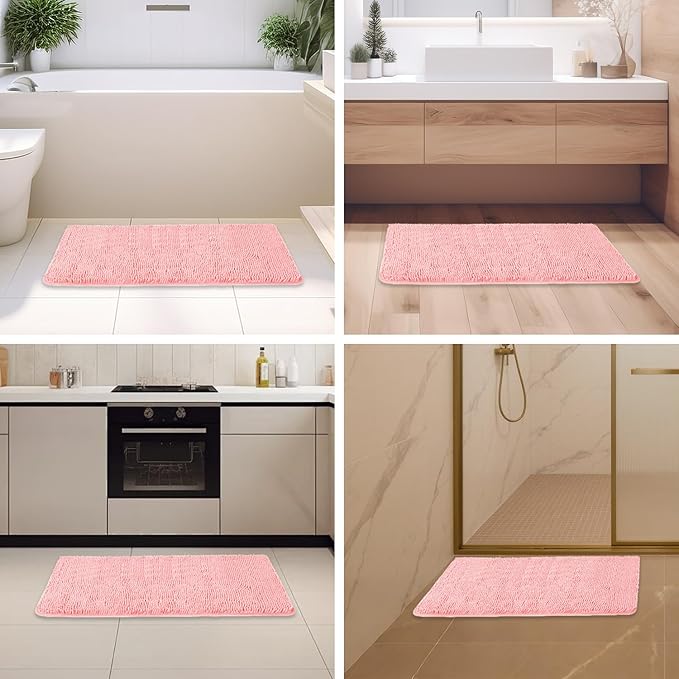 Pink Bathroom Rugs – Absorbent and Washable Bath Mat, Non-Slip, Thick Soft Chenille Bath Rugs for Bathroom Floor, Shower, Sink - 24" x 36"