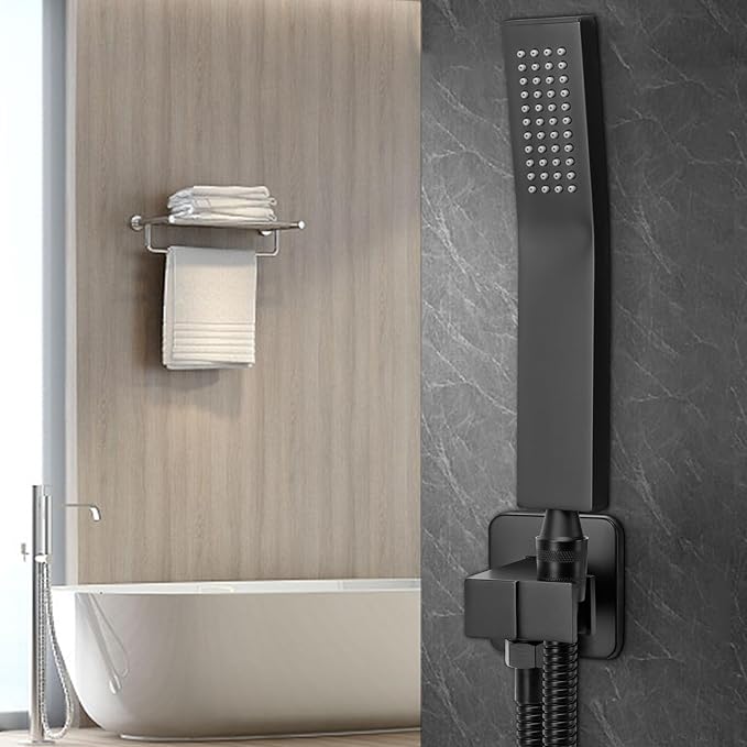NearMoon Brass HandHeld Shower Head, Luxury High Pressure Shower Kit with Wall Connector and Hose Set, for Bathroom Showering System Contemporary Square Style (Matte Black)