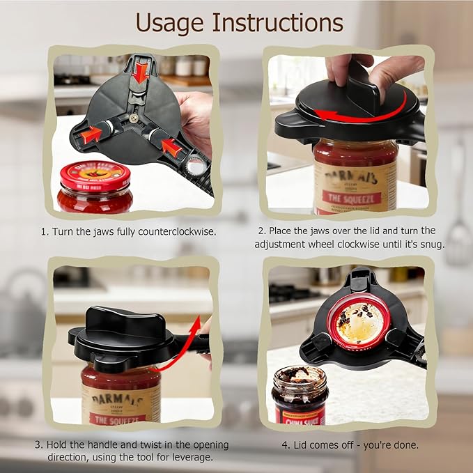 4-in-1 Jar Opener, Adjustable Jar Opener for Seniors, Kitchen Tool Designed Specifically for Seniors and Those with Limited Physical Strength, Suitable For Beer, Salad Dressing, Jar (Black)