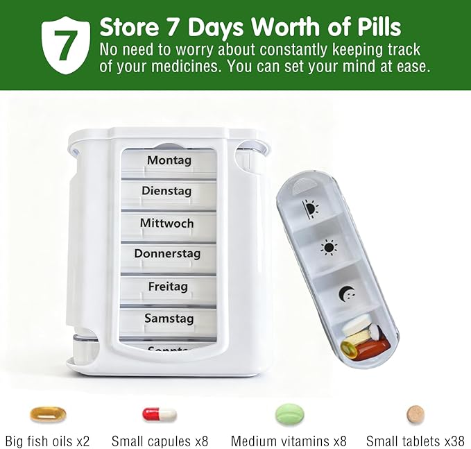 Weekly Stackable Pill Organizer, 4 Times A Day Pill Organizer Box Morning, Noon, Evening, and Bedtime,7 Stackable Compartments,White