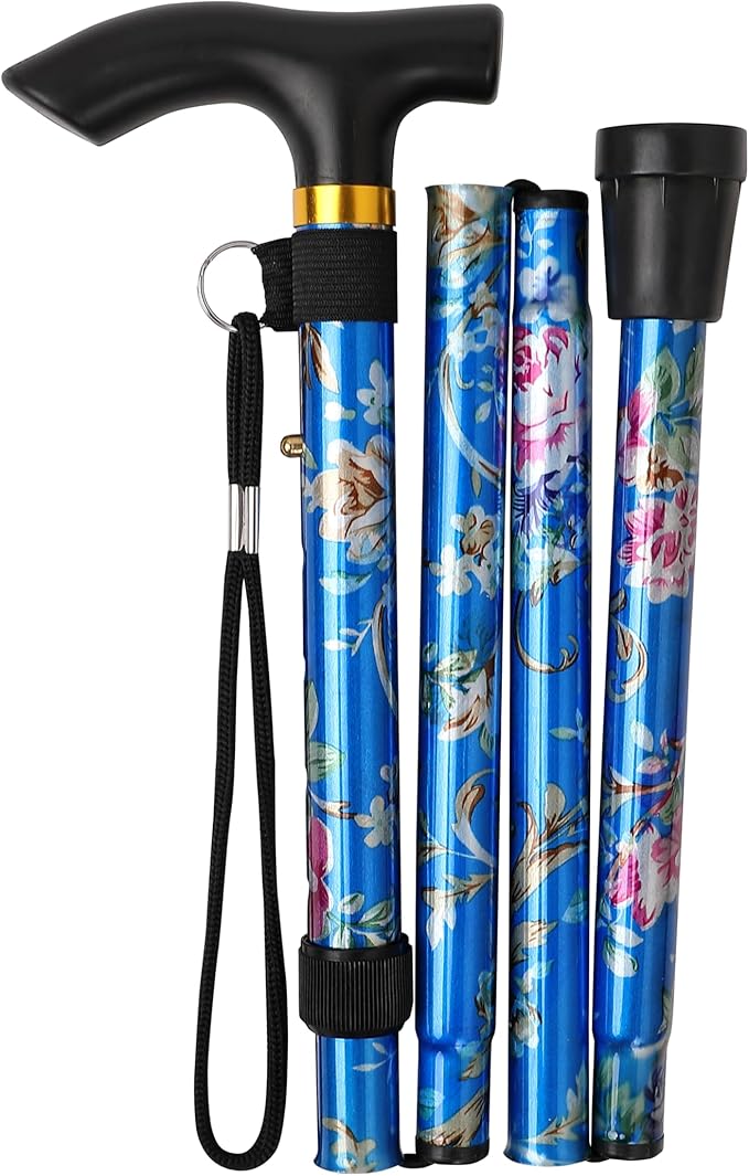 Folding Lightweight Walking Stick - Adjustable Aluminum Metal Collapsible Travel Cane with Non-Slip Rubber Base