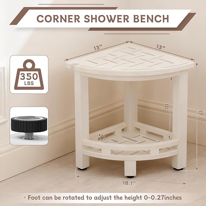 KALUMOON Corner Shower Stool, HDPE Waterproof Shower Bench for Inside Shower, Small Shower Chair Seat for Shaving Legs with Storage Shelf, Shower Head Holder, Adjustable Feet (White)