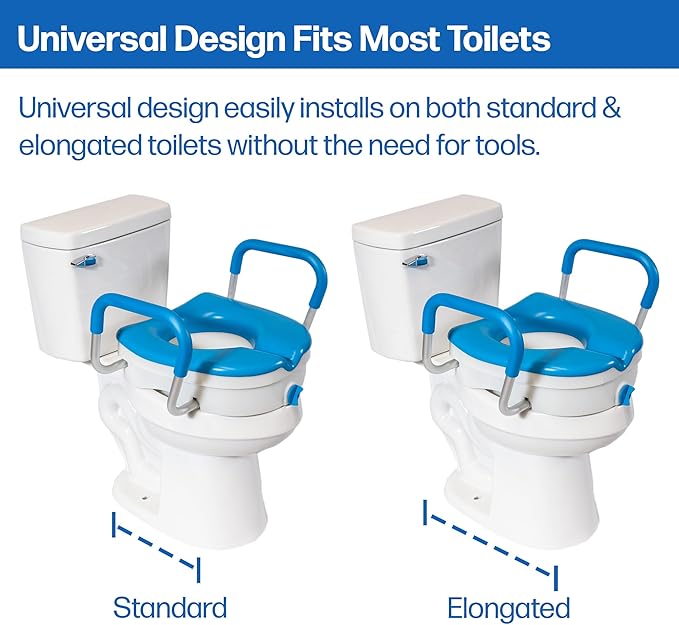 Platinum Health Soft-TOP 2.0 Deluxe Padded Raised Toilet Seat. Soft, Warm. Elevated Riser for Elongated/Round Toilets. Width Adjustable. Adds 5 Inches in Height for Safe Toileting. (with armrests)