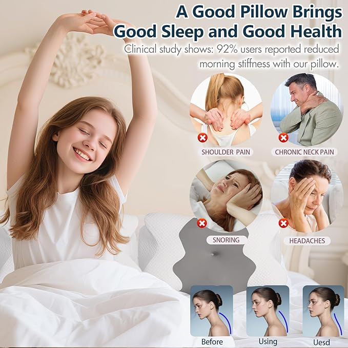 Cervical Neck Pillow for Sleeping, Adjustable Ergonomic Pillow, Contour Neck Support Side Sleeper Pillows for Adults, Memory Foam Pillow for Neck and Shoulder Pain Relief, Back,Stomach Sleeper