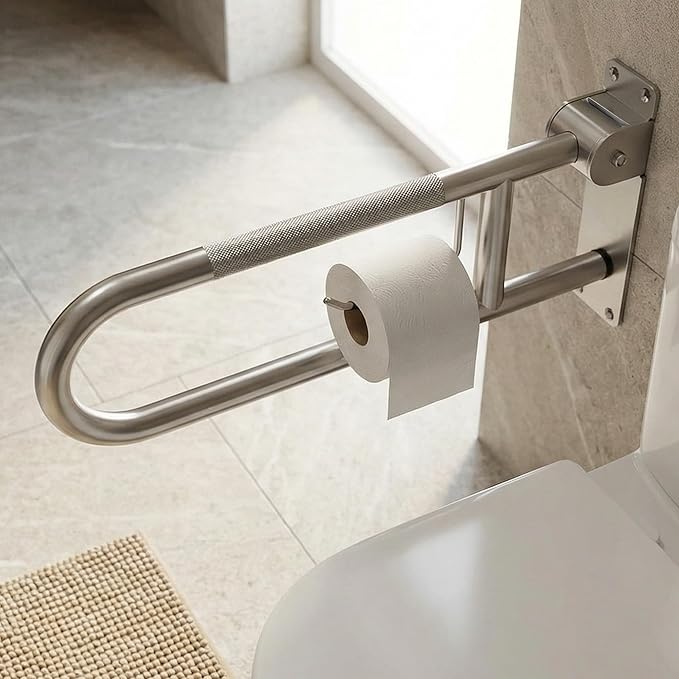 24-Inch Foldable Shower Grab Bar – 90° Flip-Up Design, Premium 304 Stainless Steel, Anti-Slip Grip with Built-in Paper Holder, Wall-Mounted Handicap Safety Rail, Supports 300–350 lbs