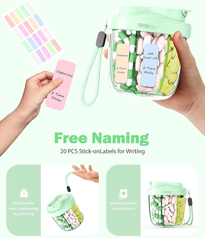 Cute Pill Organizer,Pill Dispenser with 7 Large Compartments,Portable Pill Bottle Box with Wide Opening for Easy Use, Anti-Mix Pills Organizer for Travel,Includes 20 Pcs Sticky Labels(Green)