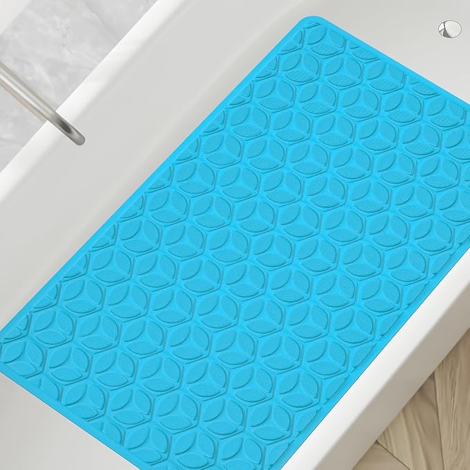WRISIN Bathtub Mat Non Slip with Suction Cups - 100% Rubber Bathroom Mat Textured for Bath Tub Shower Safety - Soft on Touch - BPA/PVC Free - Pet Dog Bath Mat - Machine Washable - 16 × 28 Inch(R Blue)