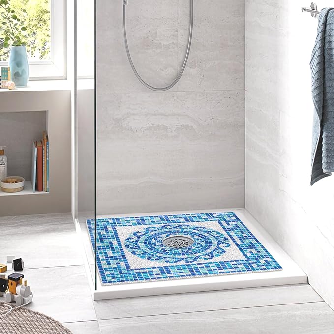 Square Shower Mat Non Slip: 32 x 32 Inch Extra Large Shower Mats with Drain Hole in Middle - PVC Loofah Anti Slip Shower Floor Matt for Inside Shower