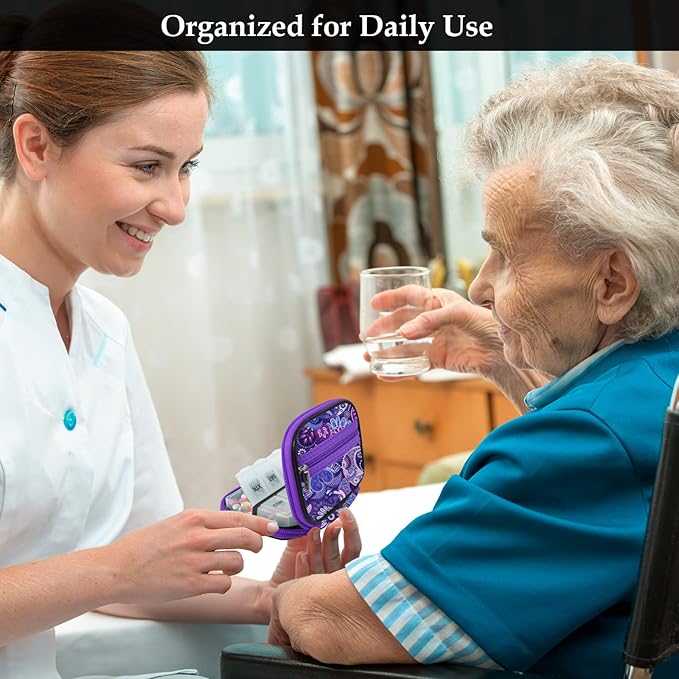 Serfeymi Weekly Travel Pill Organizer Pill Case for Purse with Removable 7 Day Pill Box, Fashionable Travel Medicine Organizer Pill Container for Medicine, Vitamin, Supplement - Purple 01 + Pill Box