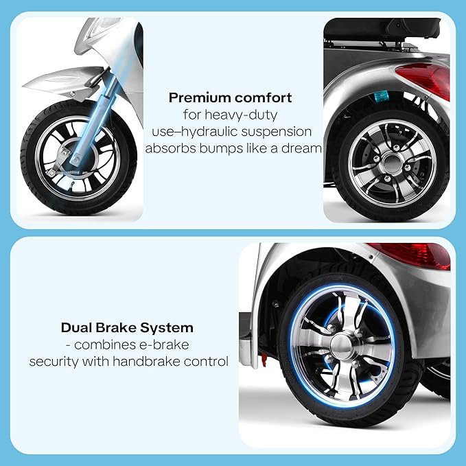 Super Large Electric 4 Wheel Mobility Scooters, Heavy Duty 800W Wheelchair Device, 25 Miles Long Range, All Terrain Mobility Scooter,Speed Adjust, Remote Key,Receive Ready to Ride (3 Wheel-Silver)
