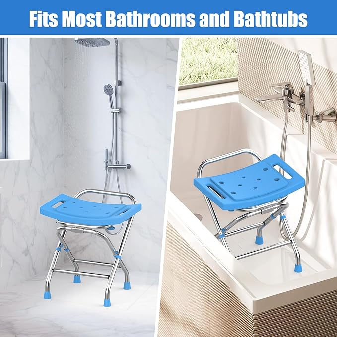 Height Adjustable Folding Shower Chair Seat, Stainless Steel Shower Chair for Inside Shower w/Crossbar, 420LB Portable Travel Shower Stool, Safety Anti-slip Bath Chair for Seniors, Adults,Blue