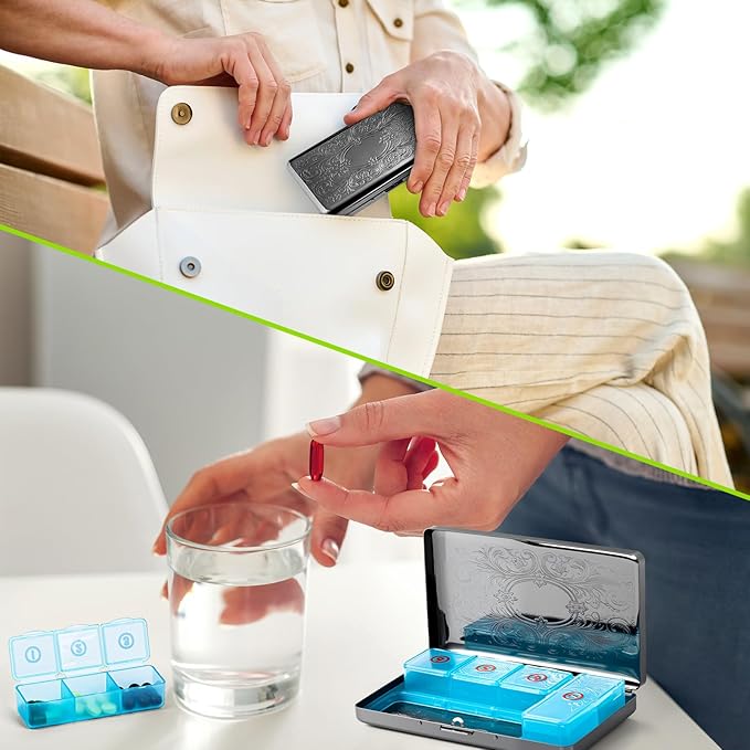Pill Organizer with 3 Compartments 7 Day Metal Pill Box for Fish Oil/Food Supplements Travel Pill Box. (Rectangle-Black, Large Rectangle)