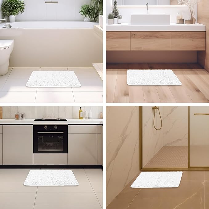 White Bathroom Rugs – Absorbent and Washable Bath Mat, Non-Slip, Thick Soft Chenille Bath Rugs for Bathroom Floor, Shower, Sink - 17" x 24"