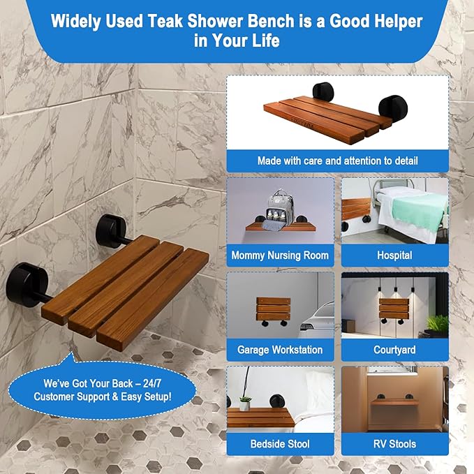20" Shower Seat Teak Shower Bench, Wall Mounted Fold Down Shower Seats for Adults, Shower Seats for Adults a 400 lbs Capacity, Rust-Resistant Teak Folding Seat Suitable for Indoor Outdoor Use.