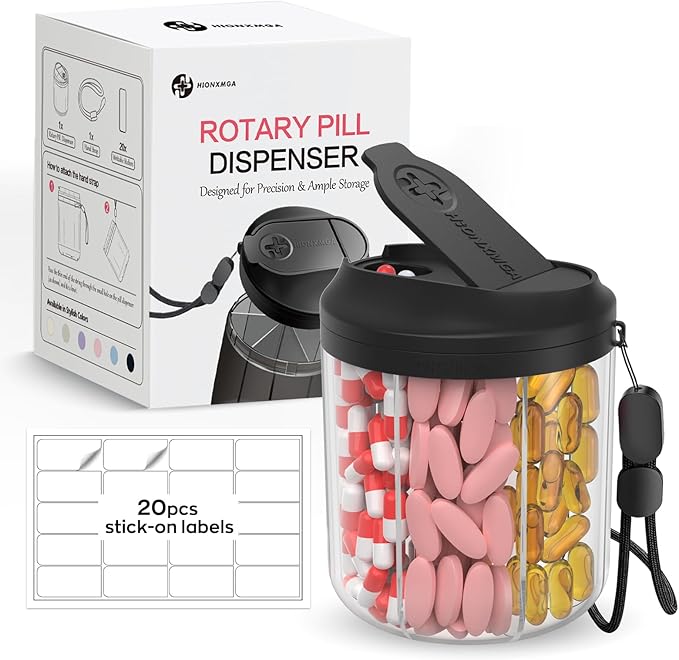 HIONXMGA Pill Dispenser with 7 Large Compartments, 4.4" H x 3.6" Dia Pill Bottle Organizer for Travel,Supplement Organizer with Anti-Mixing Design,BPA-Free Pill Container with 20 Pcs Labels Black 2pcs