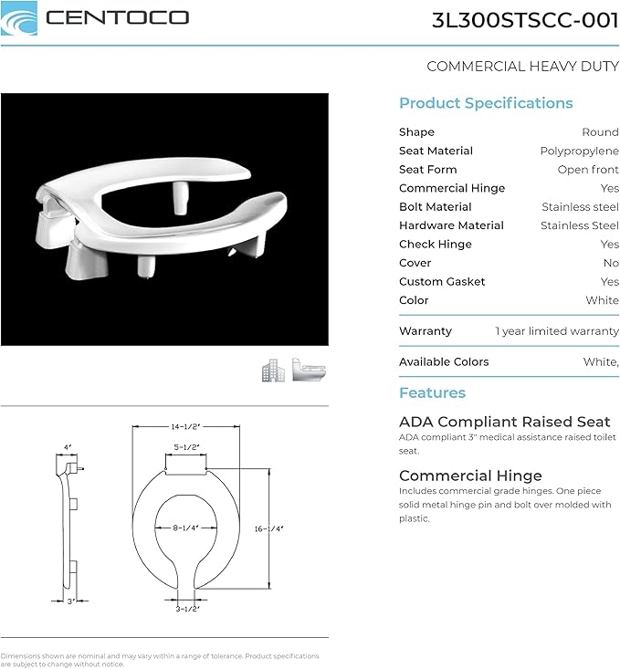 Centoco 3 inch Raised Toilet Seat for Seniors, Round, Open Front No Cover, Plastic, Made in the USA, 3L300STSCC-001, White