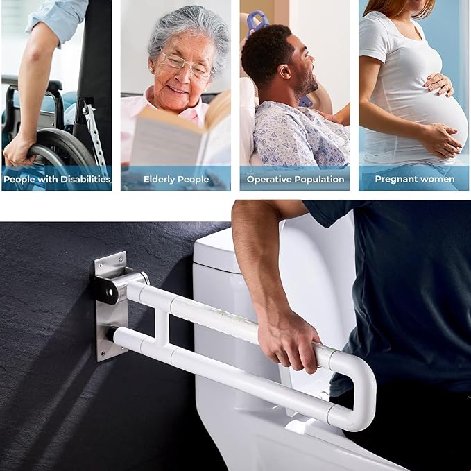 Flip Up Grab Bar for Toilet: Upgraded 23.6 Inch Handicap Grab Bars for Bathroom - Wall-Mount, Non-Slip Toilet Handles with Glows at Night, Suitable for Elderly Pregnant Women and Disabled