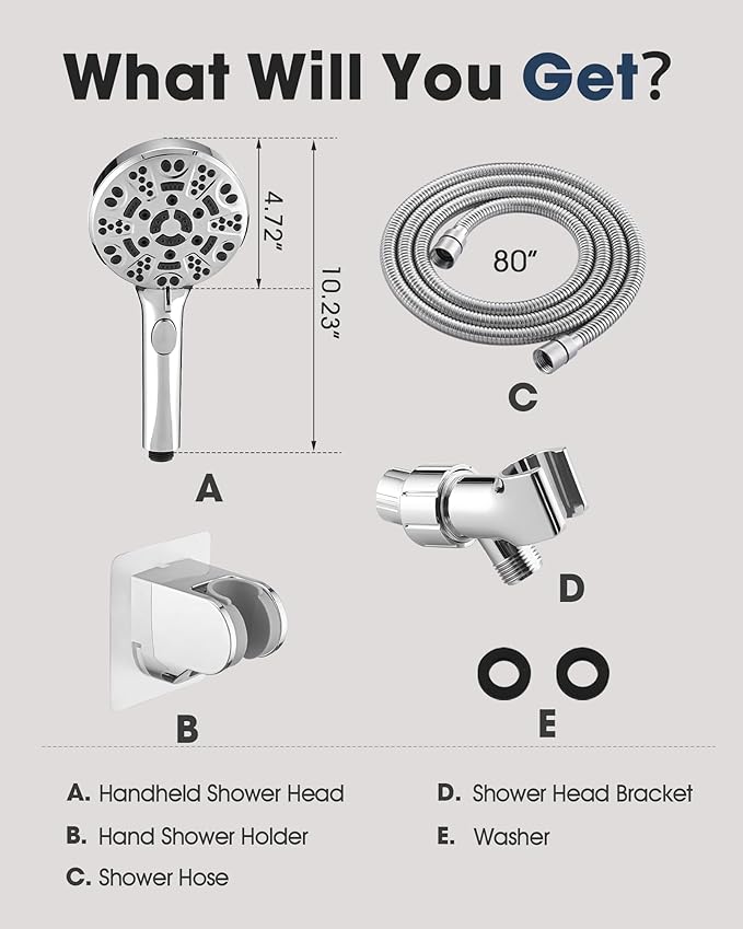 Handheld Shower Head with 6.56ft Extra Long Hose, On Off Switch 8-Seting High Preesure Hand Held Showerhead, Low-Reach Adhesive Holder for Kid, Disable& Elder (Chrome)