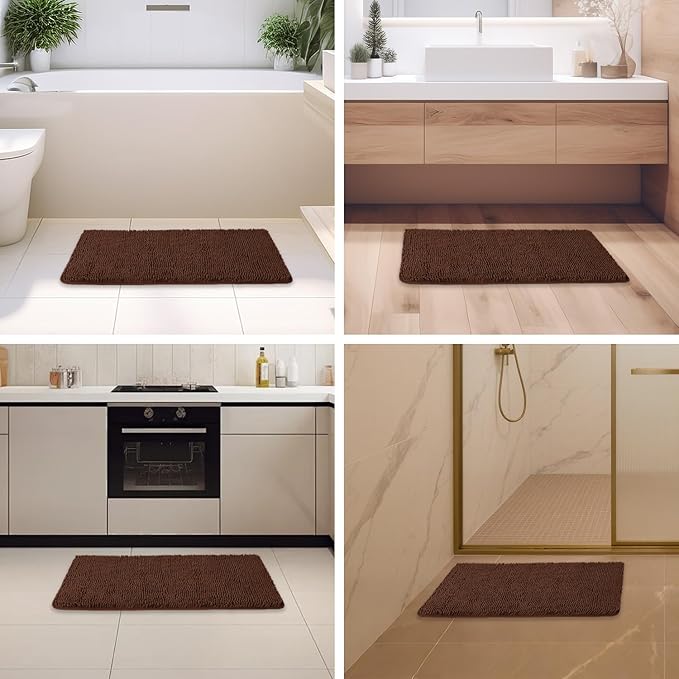 Brown Bathroom Rugs – Absorbent and Washable Bath Mat, Non-Slip, Thick Soft Chenille Bath Rugs for Bathroom Floor, Shower, Sink - 20" x 32"