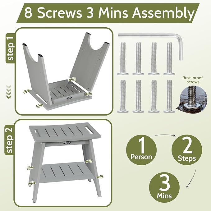 HDPS Shower Benches for Inside Shower to Sit on, Waterproof Shower Chair with Storage Shelf, Heavy Duty 500-lb Shower Seat, Shower Stool for Shaving Legs, Indoor/Outdoor Use, Grey