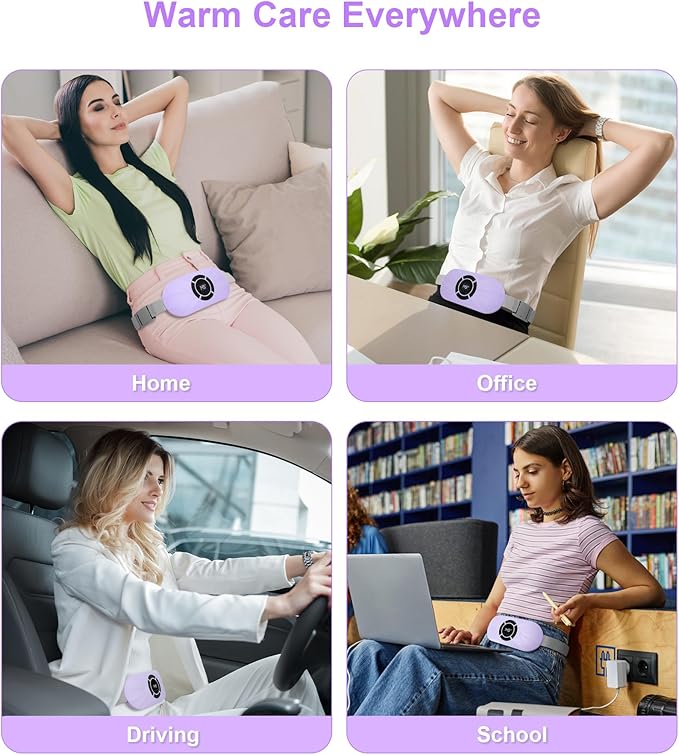 Portable Cordless Heating Pad for Period Cramps, Voice Reminder Menstrual Heating Pad with 6 Heat Levels and 6 Massage Modes, 3s Fast Heating, Gifts for Women Girls, Purple