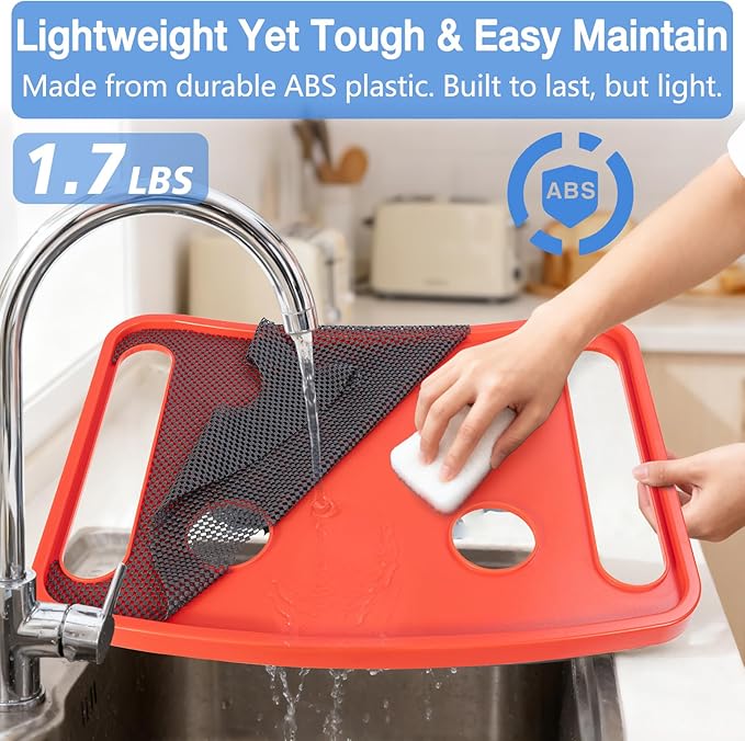 Walker Tray for Seniors with Dual Cup Holders, Side Pouch and Non-Slip Pad, Lightweight Durable Food & Drink Table, Compatible with Walker of 10210-1 Model (Red)