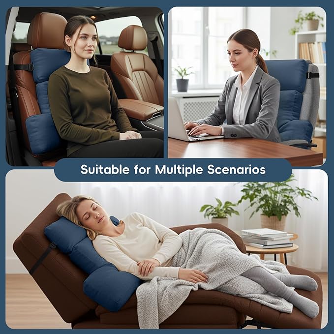 Neck Pillow Lumbar Support for Recliner, Soft and Fluffy Back Support Cushion for Chair with Adjustable Headrest Pillow, Back Rest Pillow for Office Chairs, Recliners, Couch Pain Relief Navy Blue