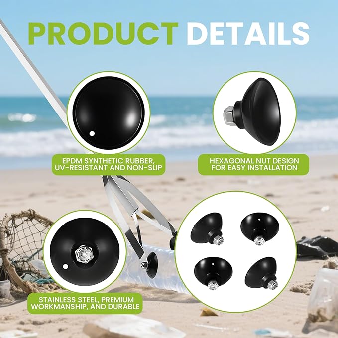 Zookpr Replacement Gripper Cups for Arcmate EZ Reacher Accessory Tips, Outdoor Heavy Duty Gripper Reacher Grabber Tool, UV Resistant, Rubber Cups with Locknuts, Black, 2 Pairs(4 Cups)