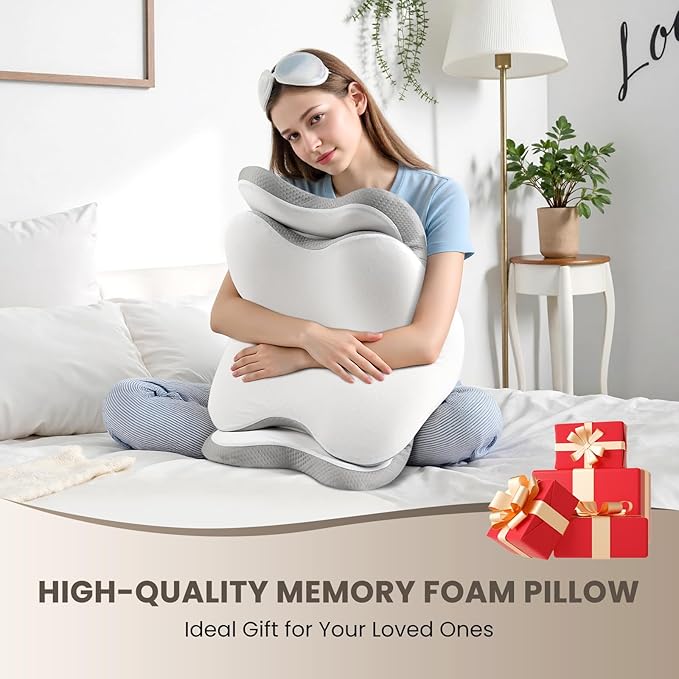 JINXIA Cervical Neck Pillow for Sleeping, Odorless Memory Foam Pillows & Soft Silk Cover, Ergonomic Orthopedic Pillow for Side Back Stomach Sleepers, Neck and Shoulder Pain Relief, White and Gray