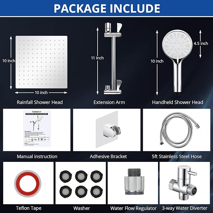 Shower Head, 10 Inch High Pressure Rainfall Shower Head/Handheld Shower Combo with 11 Inch Extension Arm, 9 Settings Adjustable Anti-leak Shower Head with Holder/Hose, Height/Angle Adjustable