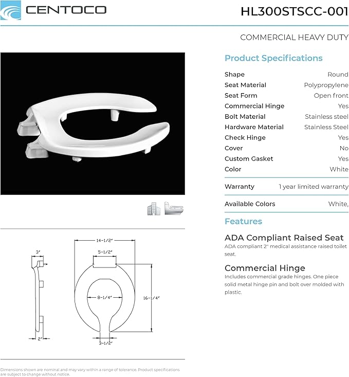 Centoco 2 inch Raised Toilet Seat for Seniors, Round, Open Front No Cover, Plastic, Made in the USA, HL300STSCC-001, White